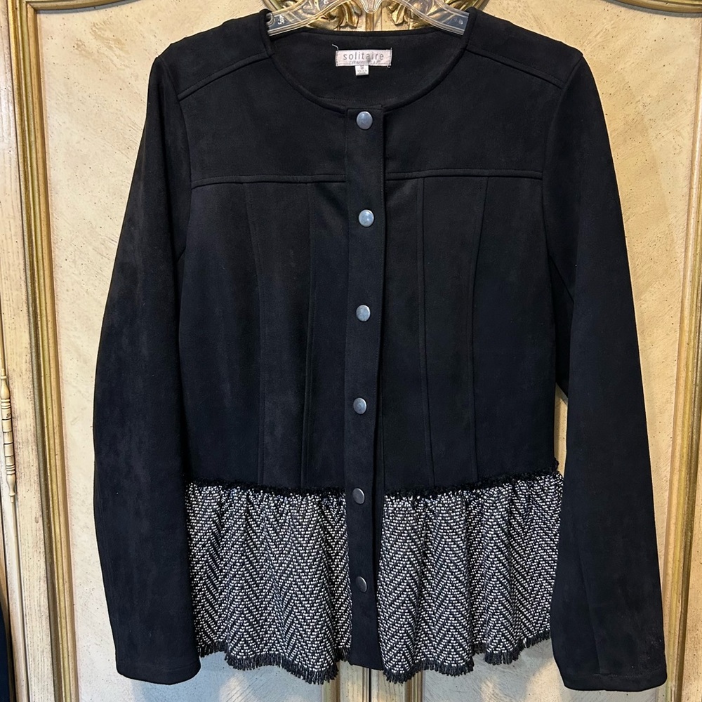 Anthro Solitaire Black & White Faux Suede Peplum Front Snap Fringe Trim Jacket